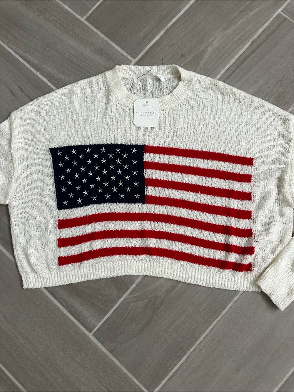 Altar'd State Cream Crewneck Sweater with Flag Motif